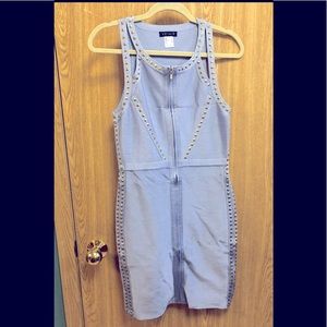 Dusty Blue Bodycon Studded Gold Bandage Dress US 6 Fabric is stretchy